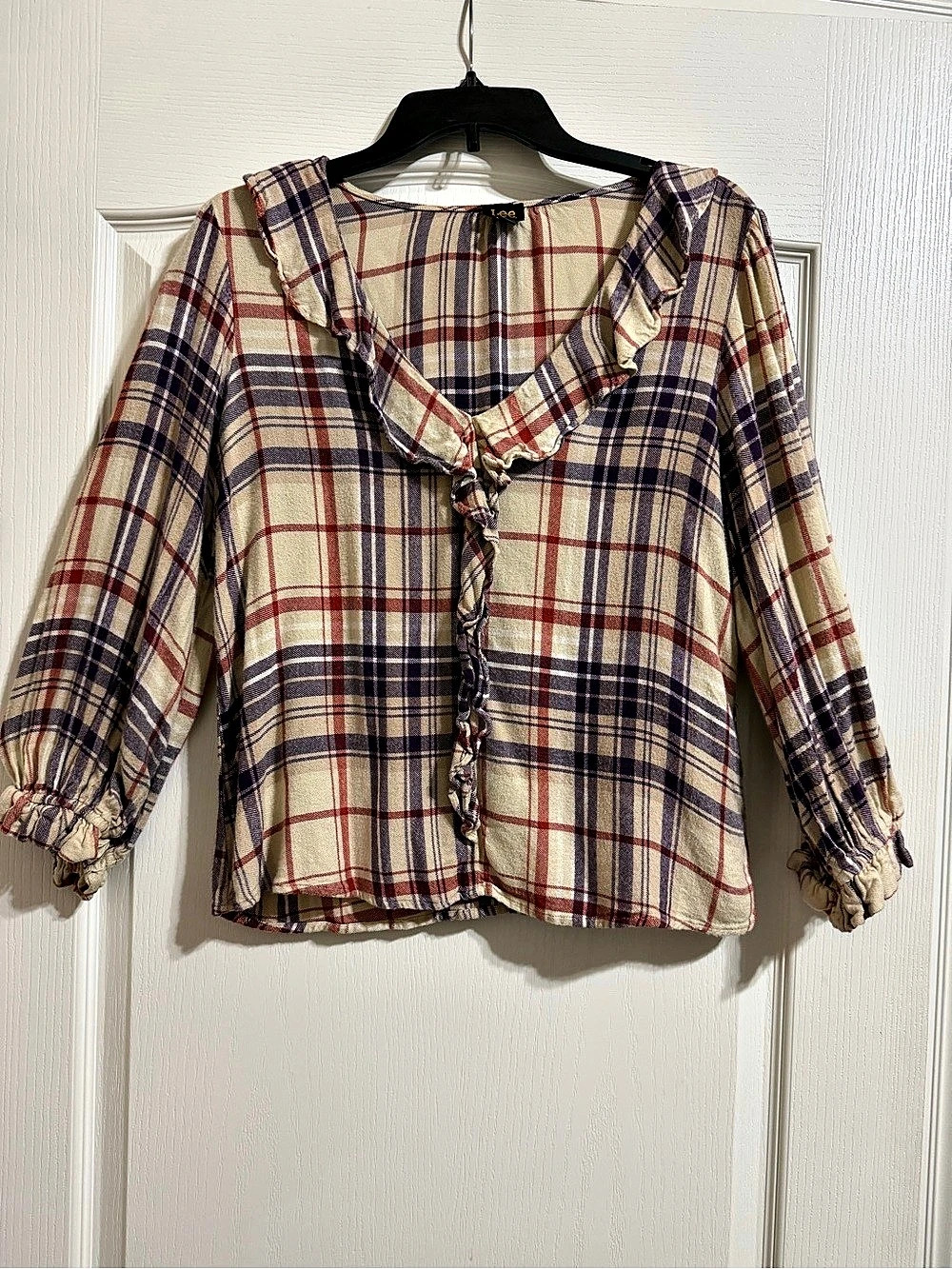 Ladies Lee Plaid Ruffle Collar Blouse